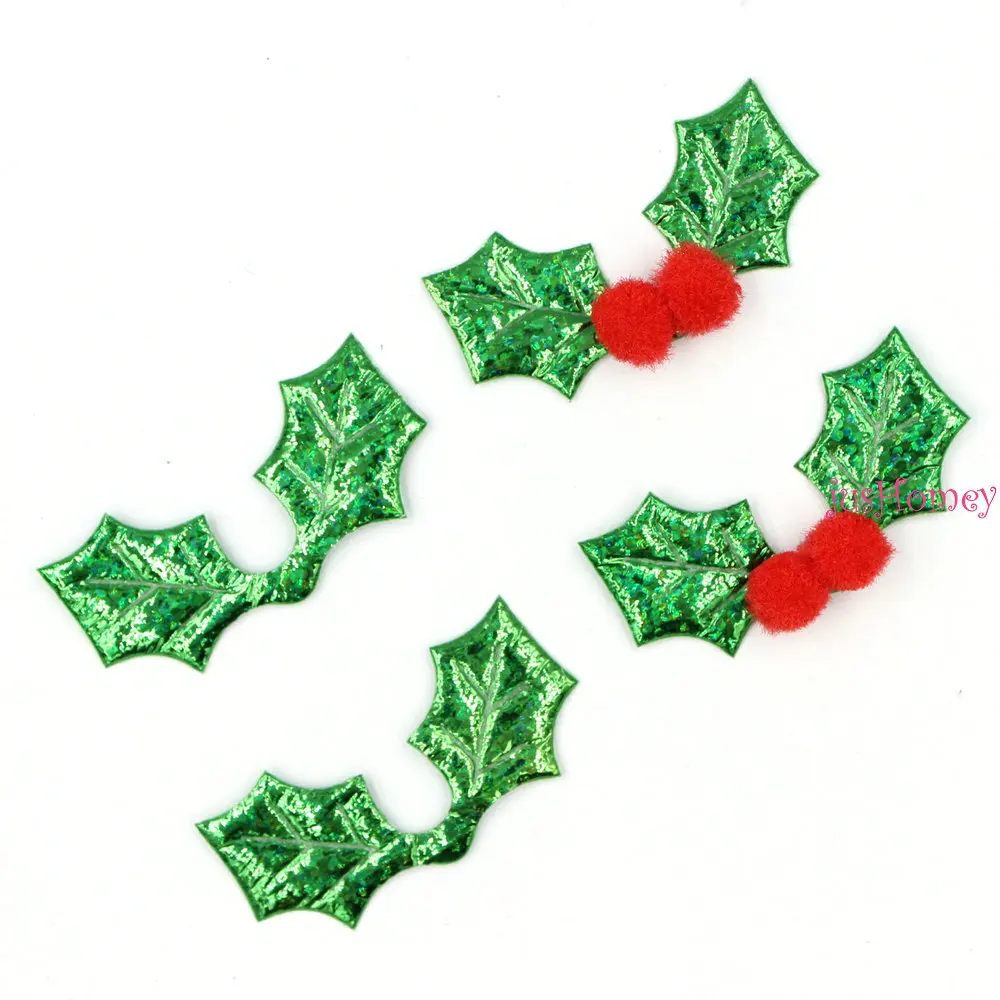 Set of 200pcs Satin green glitter Holly leaf 43mm appliques two leaves for Scrapbook,flower X'mas accessories