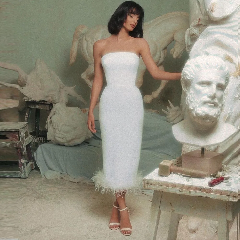 

Женское вечернее платье-Русалка Sevintage, белое платье без бретелек с перьями, модель 2022