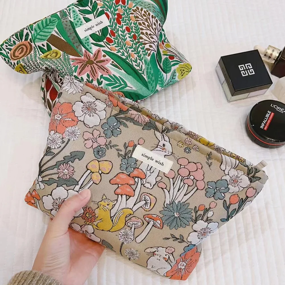 Eco Cotton Cute Rabbit Printing Women Cosmetics Make Up Case Bag Floral Toiletry Bags Makeup Purse Large Linen Cosmetic Pouch