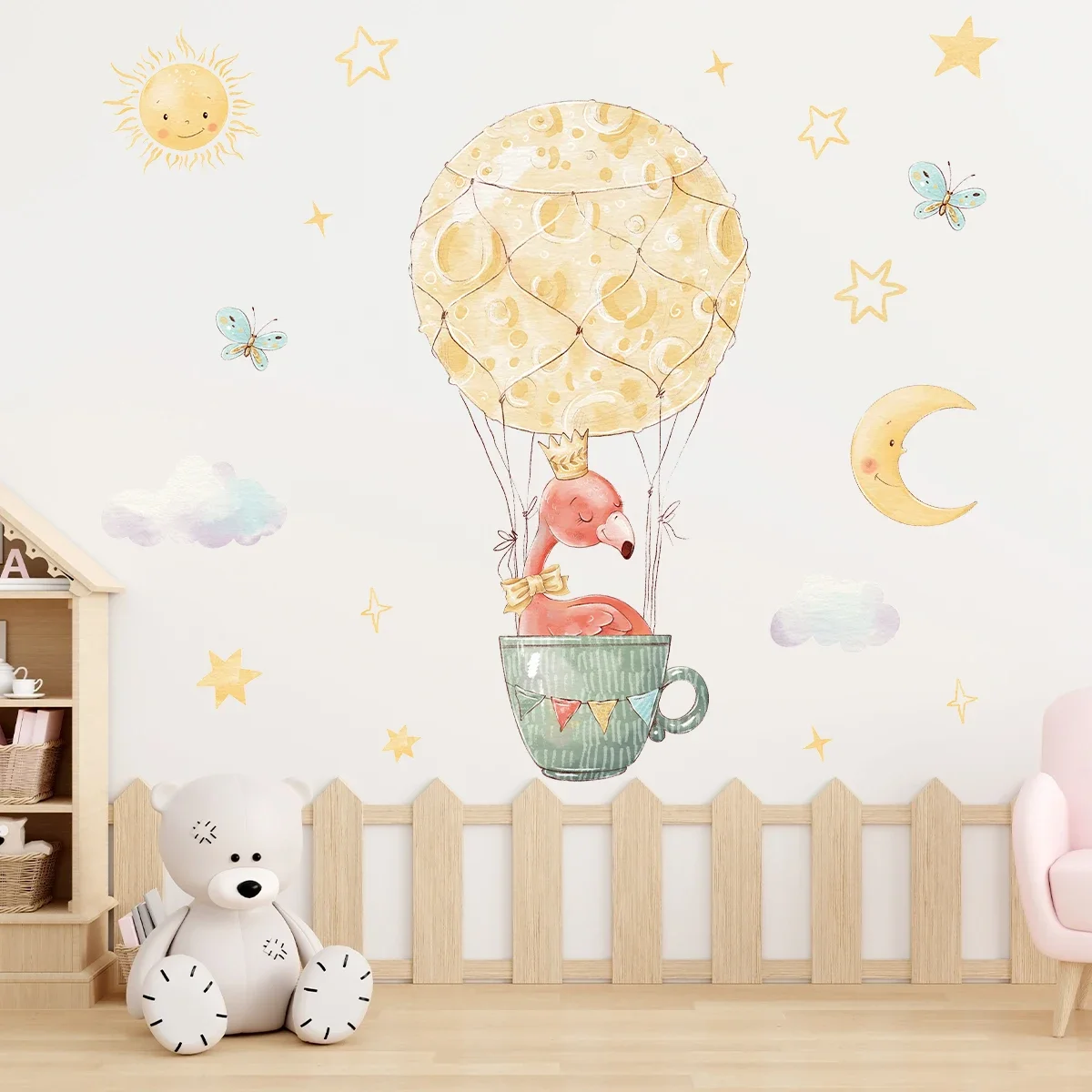 Мультяшные стикеры на стену в виде горячего воздушного шара Луны и солнца для