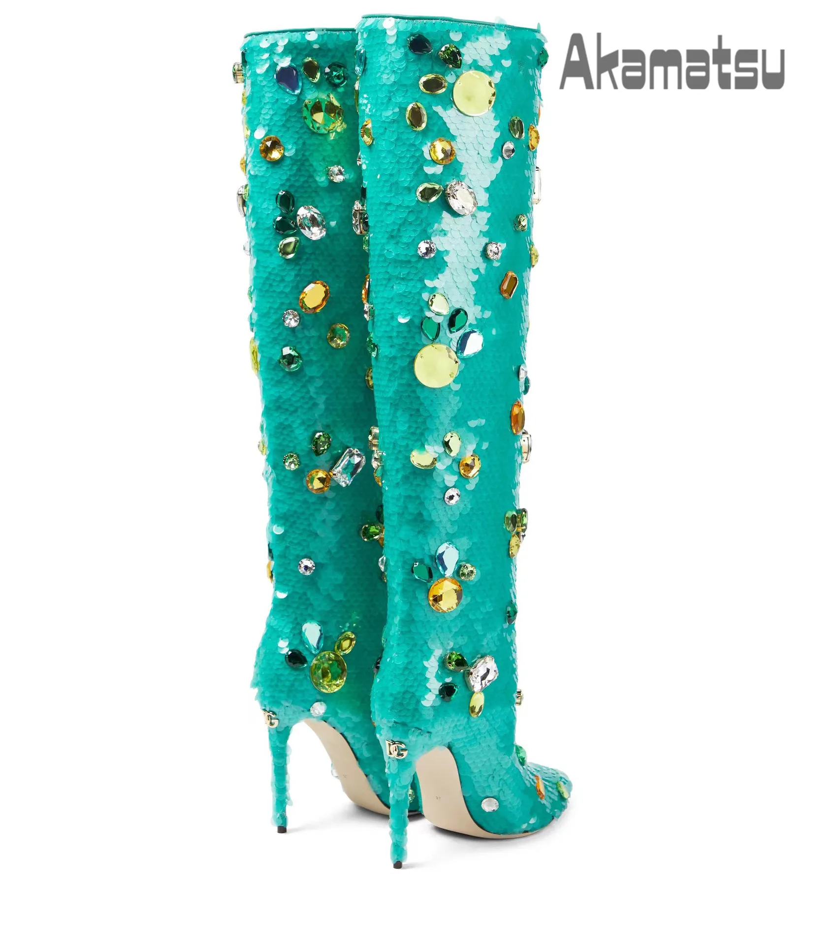 Green Sequined Rhinestone Large Diamond Knee-Length Women's Boots New Style Pointed Toe Slip On Stiletto Pumps Large Size 34-43