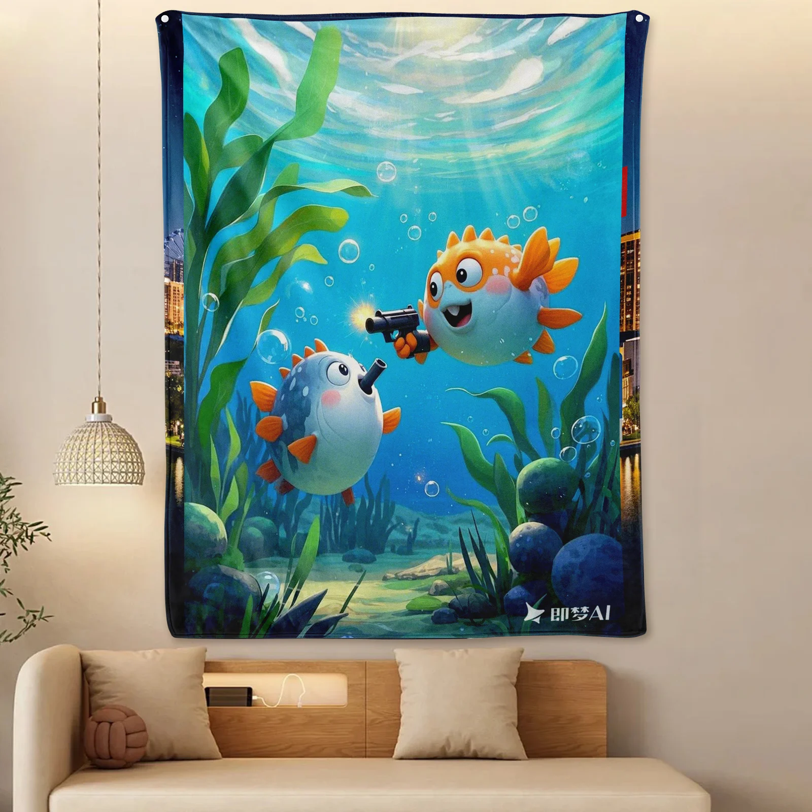 Причудливое зеленое тематическое одеяло Рыба-фугу для игривого домашнего декора