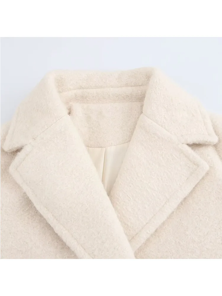 Женское двубортное шерстяное пальто с длинными рукавами и лацканами