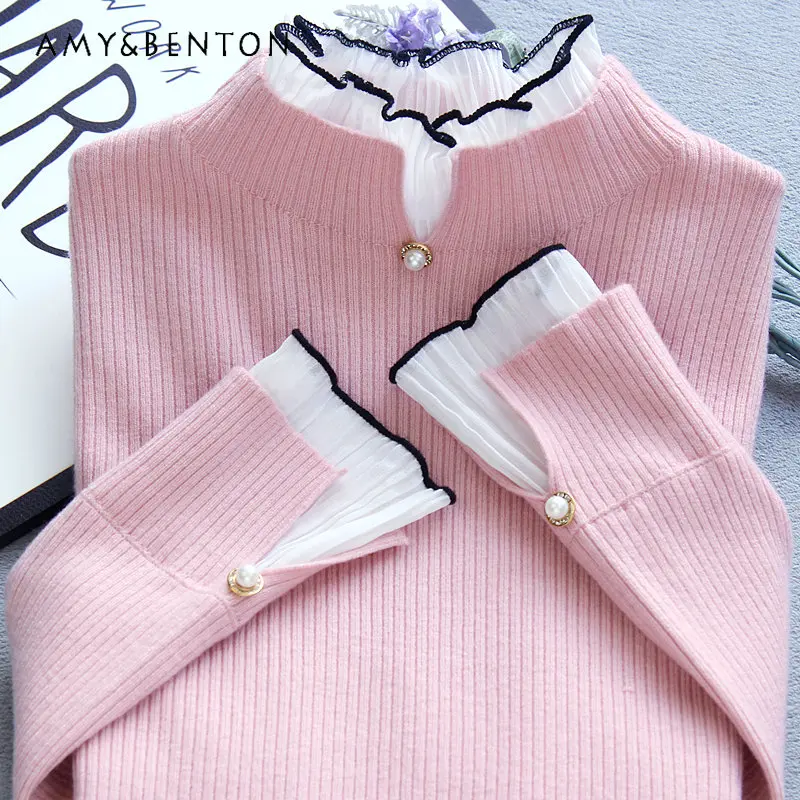 

Lace Mock Neck Sweater Women's Autumn Winter Inner Wear Knitted Pullover Stretch Slim-Fit Flared Sleeves Bottoming Sweater