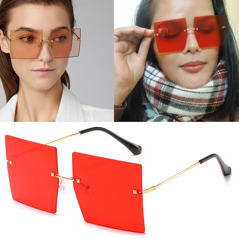 

Oversized Rimless Square Sunglasses Women Luxury Brand Fashion Flat Top Red Blue Clear Lens One Piece Men Gafas Glasses B44