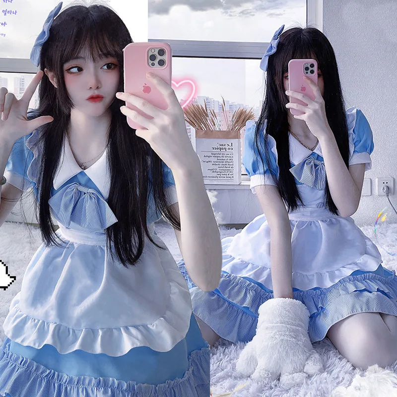 

2023 Blue and white French Maid Cosplay Cartoon Costume Lolita Sweet Girl Japanese Cute Lolita Bow Dress