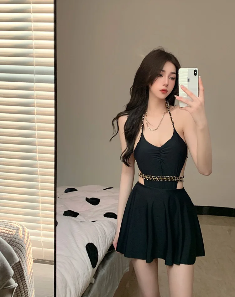 

One Piece No Sleeve Swimsuit Women Solid Black Swimwear Skirt Monokini Deep V Bathing Suit Push Up Pad High Cut Korea Style