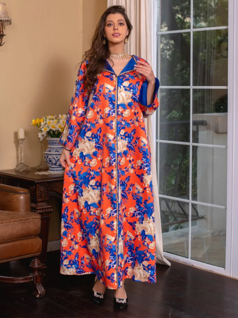 Women Abaya Kaftan Dubai Luxury Long Dresses Elegant Casual Floral Print Diamonds Navy Collar Satin Dress Gorgeous Party Style