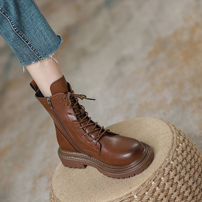 Women Leather Ankle Boots Autumn Winter Lace Up Black Brown Low Square Heels Elegant Zipper Round Toe Streets Shoes Botas Mujer