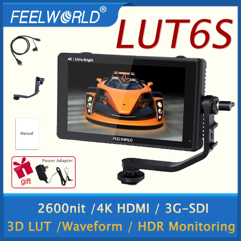 Фото FEELWORLD LUT6S 6-дюймовый 2600 нит HDR/3D LUT сенсорный экран DSLR-камера полевой монитор портативный монитор 3G-SDI 4K HDMI вход выход №2