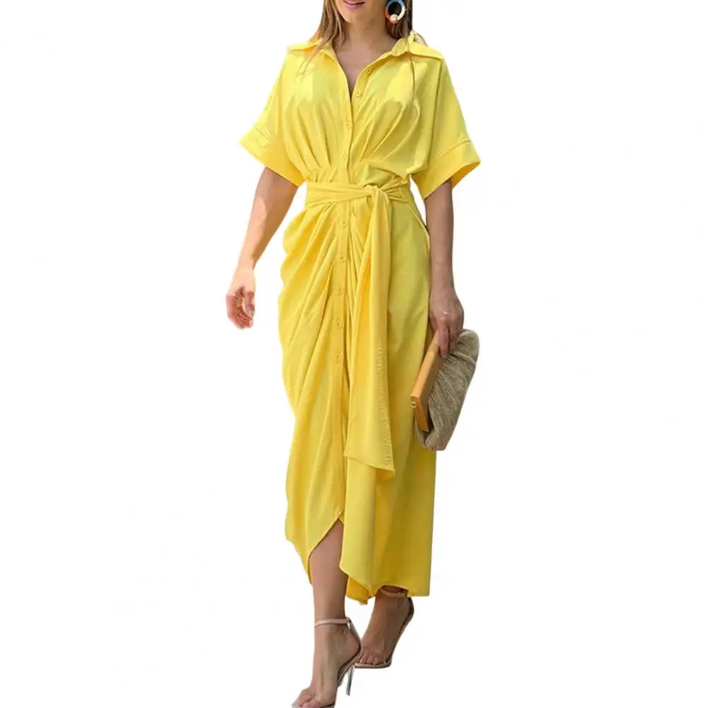 

Women Long Dress High-Waist Dress Lace-up Shirring Draped Summer Shirt Dress Female Clothes