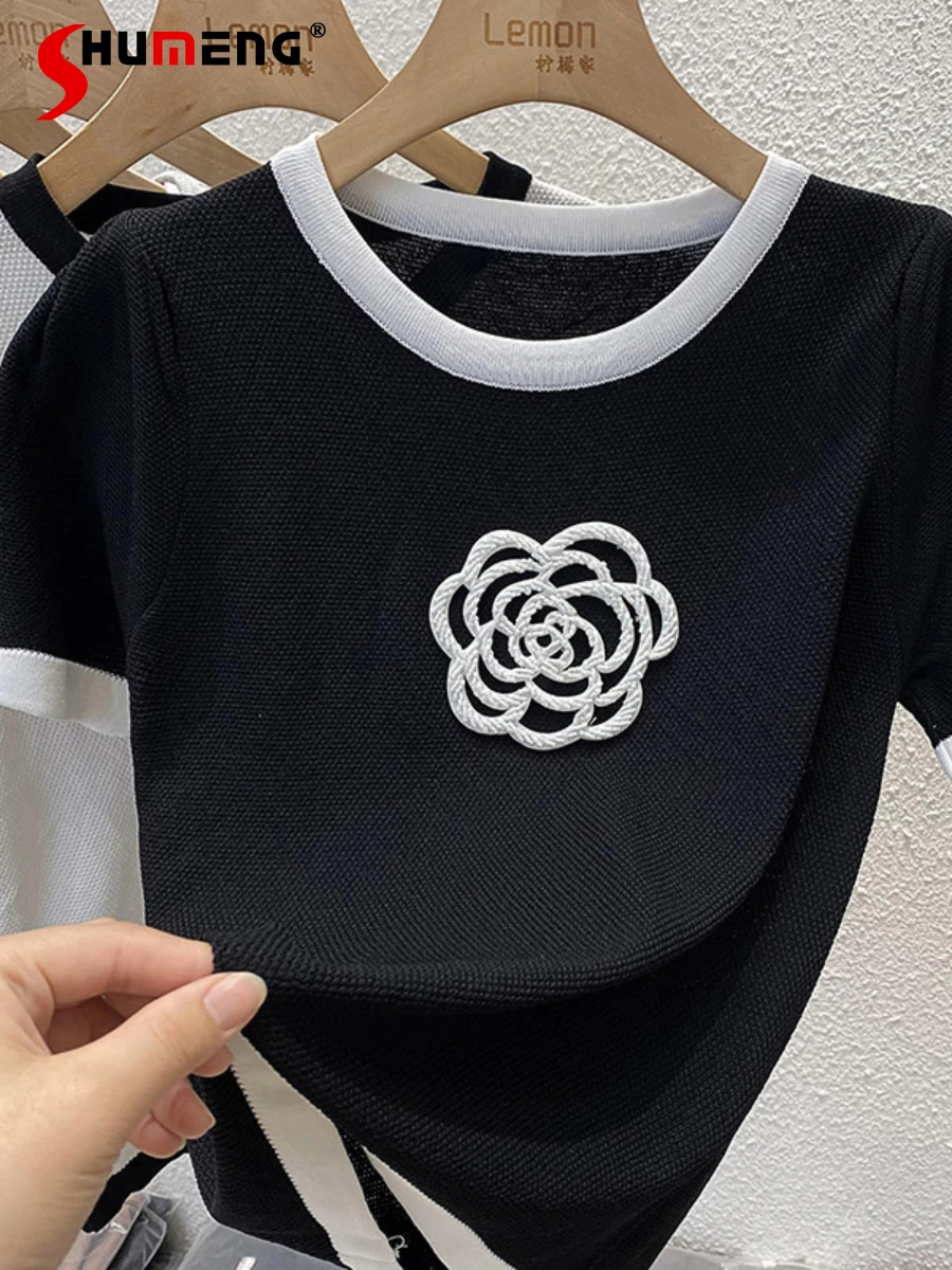 

Ice Silk Knitted Short Sleeve T-shirt Women's French Chic Flower Contrast Color Thin Tshirt Top Female 2022 Summer New Clothes