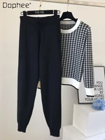 retro houndstooth two piece knit set womens autumn new loose round neck pullover sweater skinny pants 2 piece set outfits