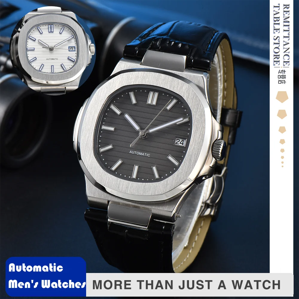 

Nautilus 39mm men's automatic mechanical watch NH35 movement leather strap, stainless steel dial, transparent bottom cover