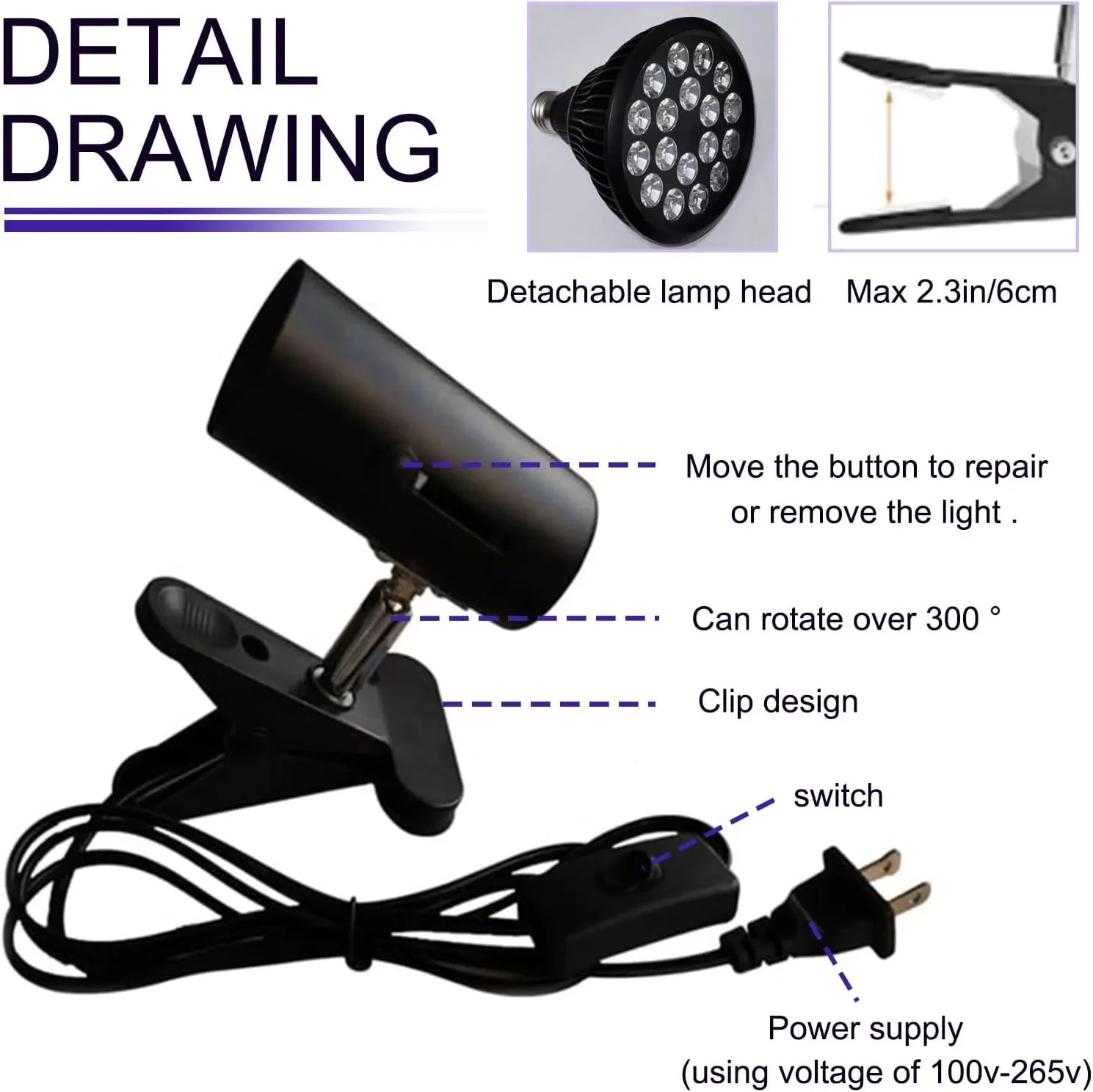 54W UV Tanning Lamp 18PCS LEDS Thearpy Light for Body Home Use with 300 °Rotating Adjustable Stand Clip Purple Lights Indoor