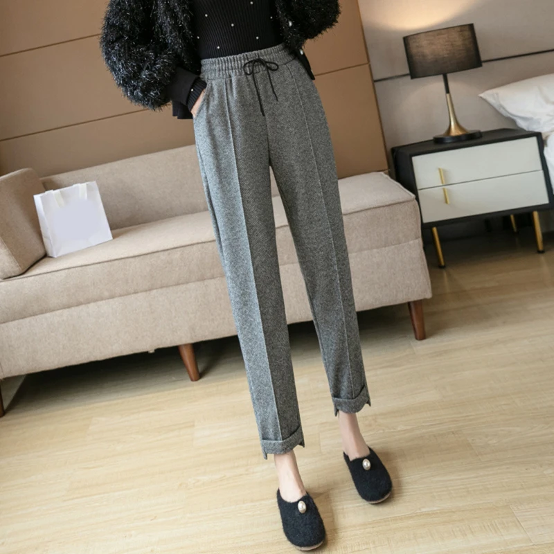 

2022 Winter Warm Harlan Pants Women Plus Velvet Thickening Pants Korean Casual Trouse Woolen Houndstooth Pants Free Shipping