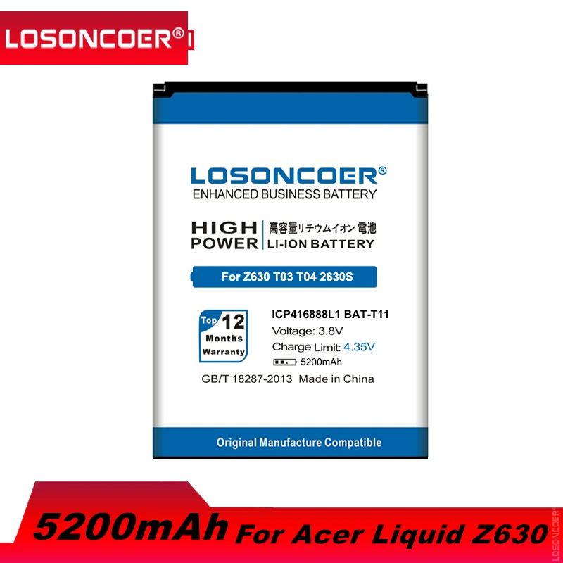 

LOSONCOER 5200mAh BAT-T11 ICP416888L1 For Acer Liquid Z630S Z630 T03 T04 Mobile Phone Battery+Quick Arrive