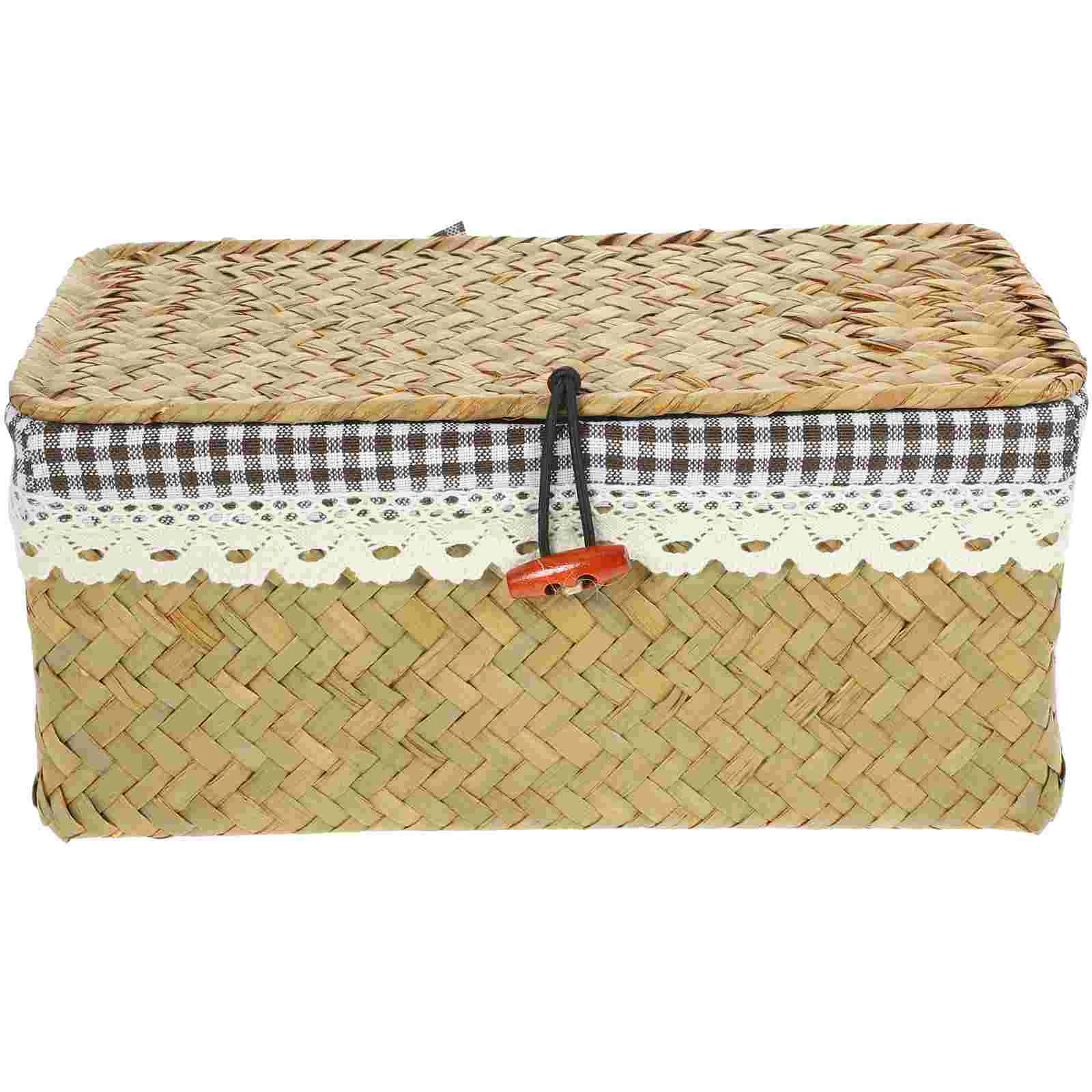 

Woven Storage Box with Lid Hand-Woven Rectangular Organizer Box Sundry Organizer