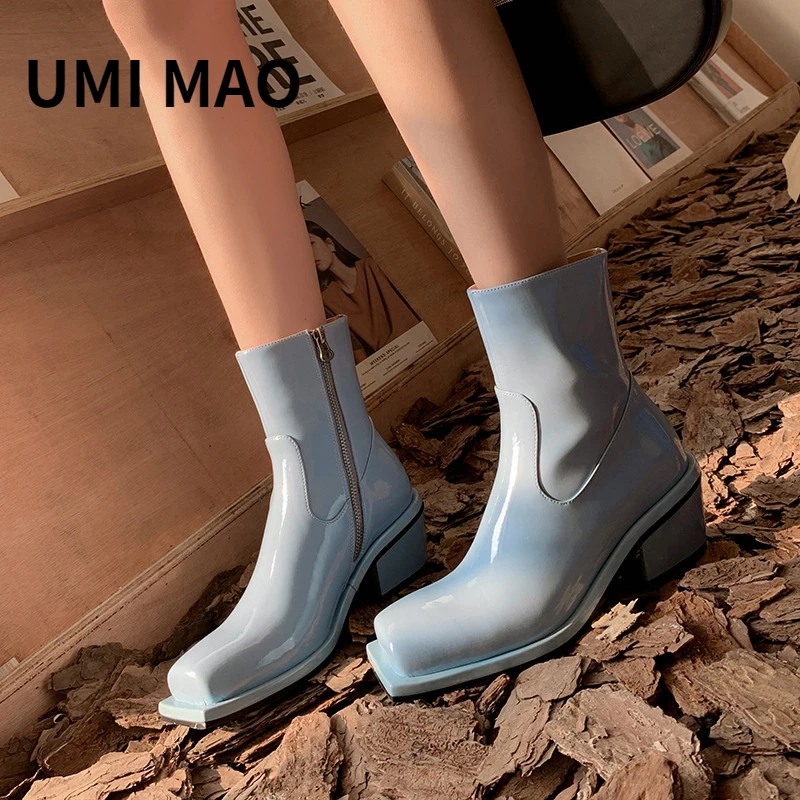 

UMI MAO Cool Atmosphere Design Sense Square Head Cowhide 2022 Winter New Full Leather Thick Heel Texture Short Boots Women