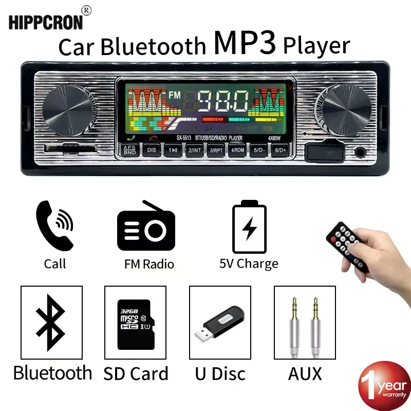 

Hippcron Автомагнитола 1 DIN стерео FM Bluetooth MP3 аудио плеер сотовый телефон гарнитура цифровой USB/SD с In Dash Aux вход