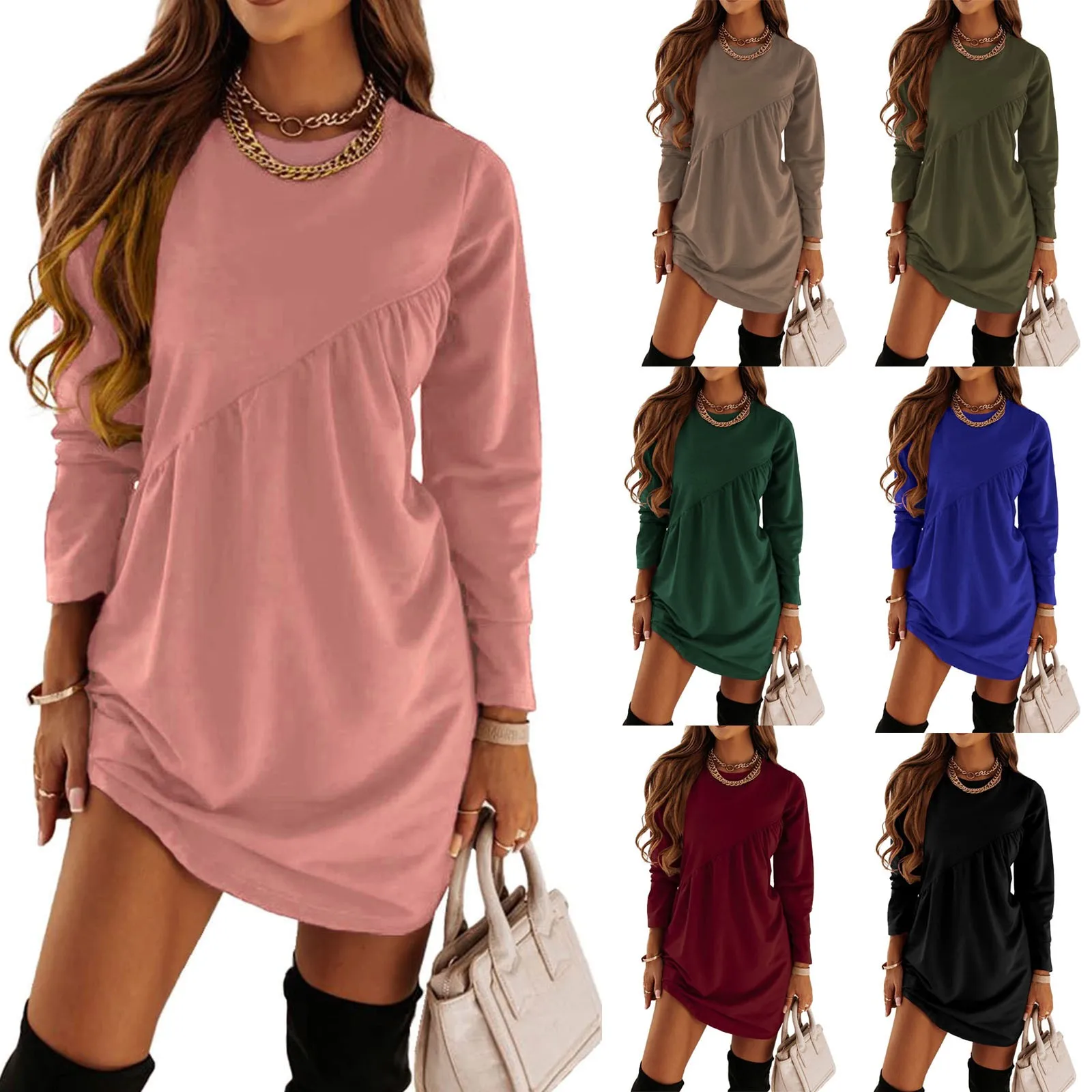 

Cotton Swing Dress Women's Long Sleeve Mini Tunic Dress Casual Crewneck Loose Flowy Ruched Dresses Wrap Maxi Dress