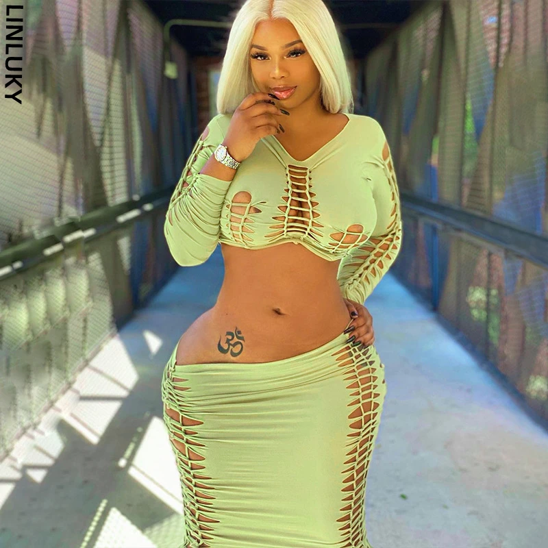 

2022 Autumn Fashion Sexy Hollow Long-sleeved Crop Top And Skirt Outfits For Women Matching Sets 2 Piece Dress Set Woman Clothing