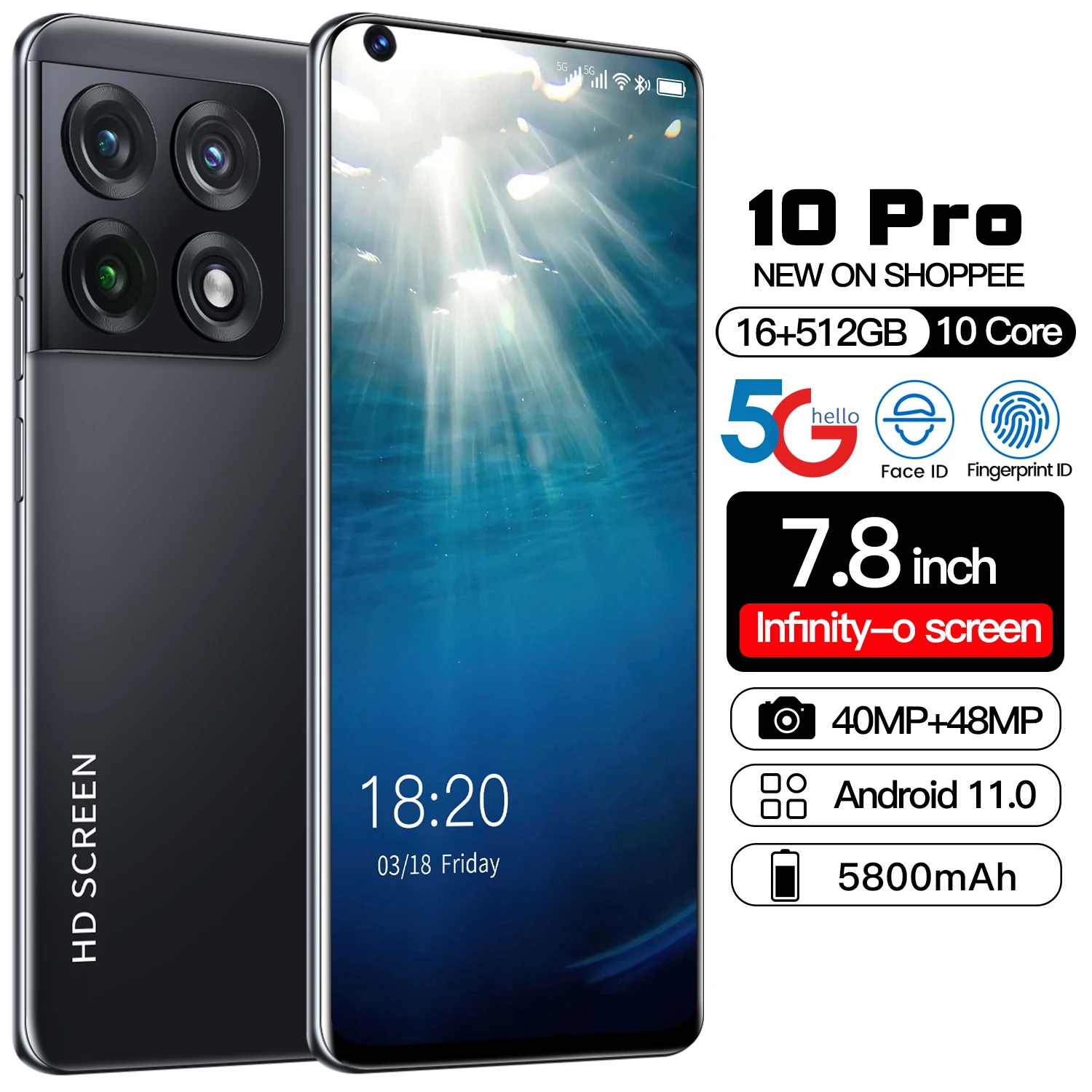 Smartphone Global Version Rugum 10 Pro 16GB RAM 512GB ROM Dual Sim Unlocked Mobile Phones Android 11 Deca Core Cell Phone GPS
