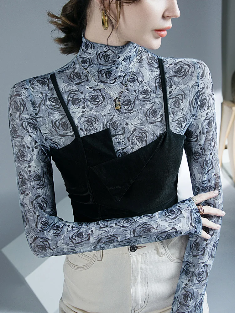 

Stretch Mesh Rose Print Long-sleeved T-shirt Women's Gold Velvet Stitching Fake Two-piece Fashion Inner Bottoming Shirt Top