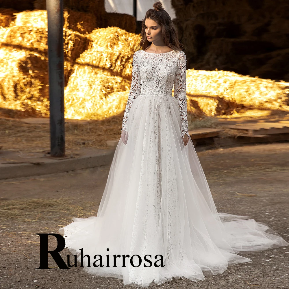 

Ruhair Princess Backless Scoop Crystals Wedding Dresses A-Line For Mariages Appliques Lace Made To Order Vestido De Casamento