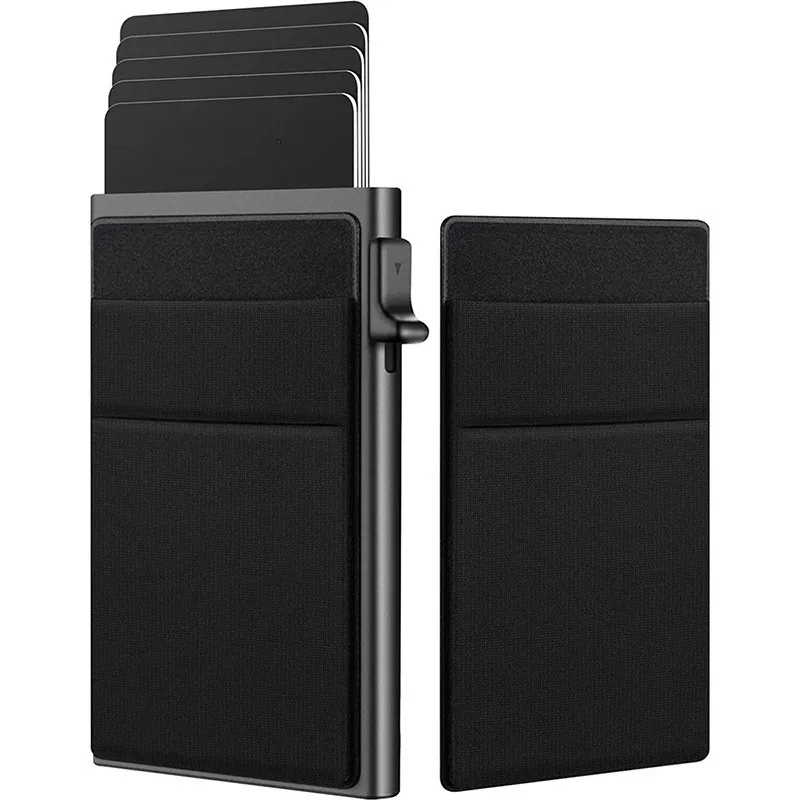 

Slim Aluminum Card Holder With Elasticity Back Pouch ID Credit Card Holder Mini RFID Wallet Automatic Pop up Bank Card Case