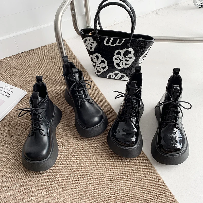 New Thick-soled Women's Boots Thick-soled Shoes Black PU Shoes Female Round Toe Casual Shoes Female Chelsea Boots Botas De Mujer