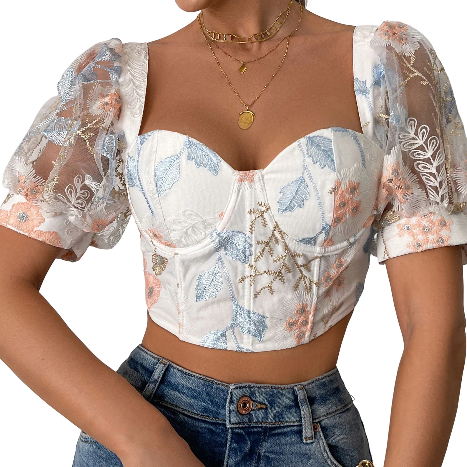 

Сексуальный женский топ с пышными рукавами, прозрачный укороченный топ, Высококачественная летняя футболка-бандо с принтом