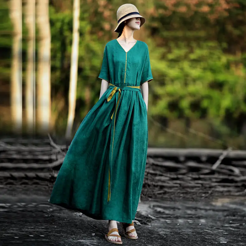 Cotton Maxi Dress Summer Womens Clothing French Retro Green Skirt Chinese Style Designer Original Loose Grace Pocket Belt Korean