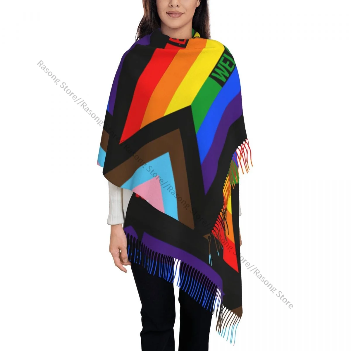 Шарф с кисточками большой размер 196*68 см зимняя теплая шаль из пашмины накидка