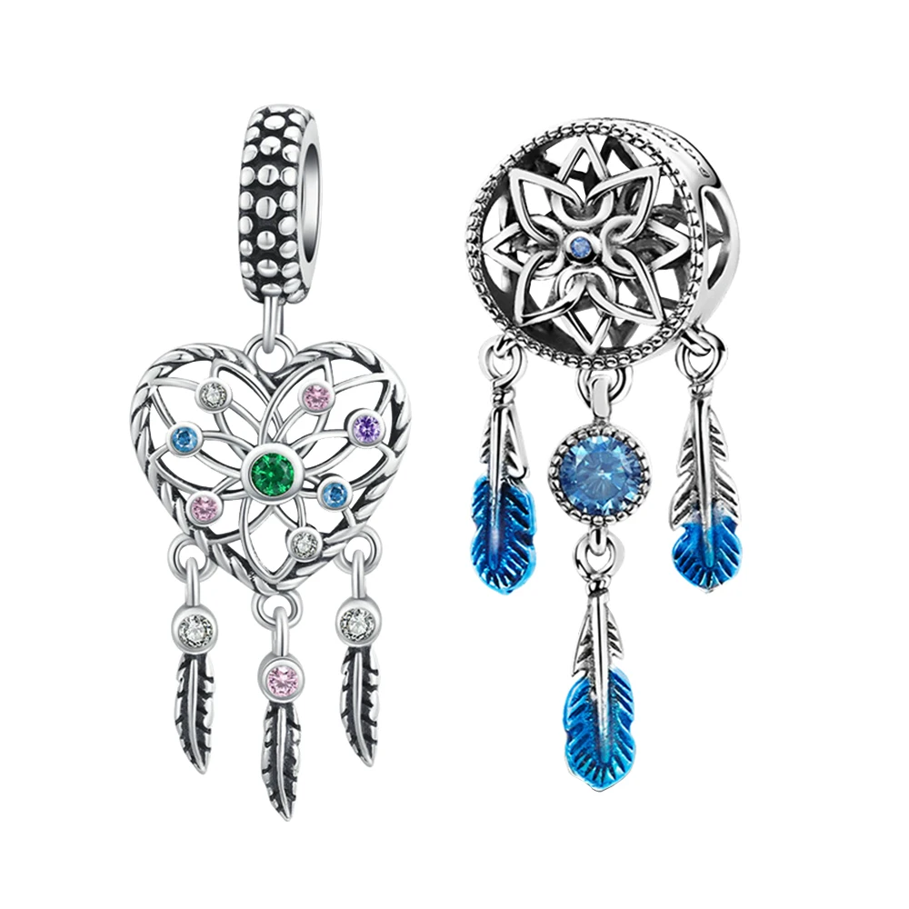

925 Silver Heart Dream Catcher Pendant Blue Delicate DIY Bracelet Necklace Fit for Pandora Women Birthday Party Gifts