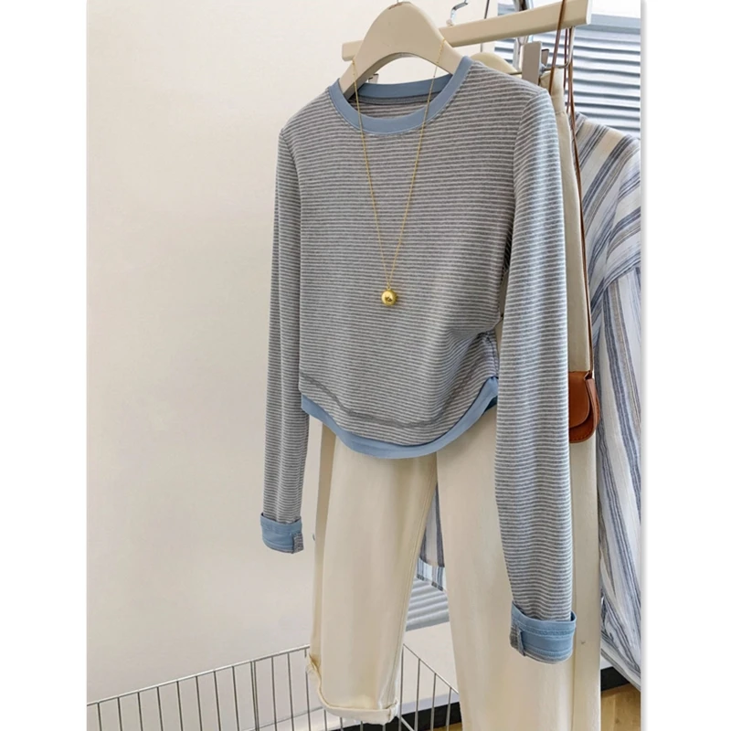 Plus Size ZDM Plus size 50.00kg Fake Two Pieces Stripe Short Long sleeves Shirt Women 2024 Autumn High-Grade Casual Bottoming...