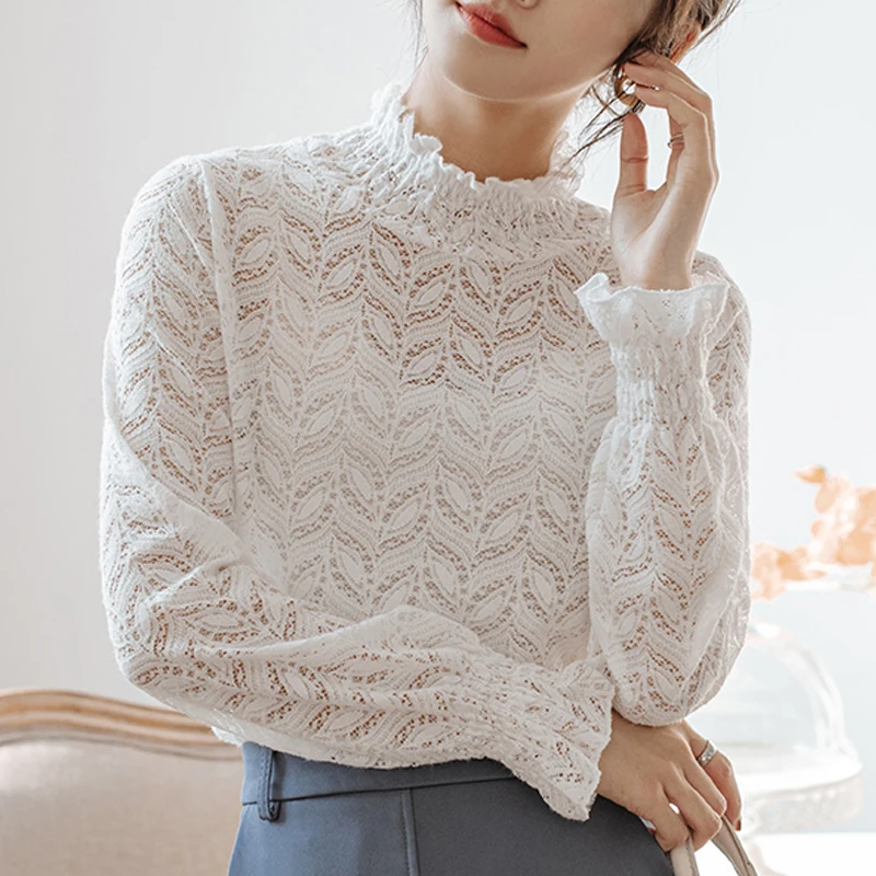 

Spring Autumn Long Sleeve Lace Women Blouse Fashion Turtleneck 2023 Hollow Elegant Crochet Simple Shirt Ladies Casual Tops 28816