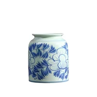 Hand Painted Blue and White Porcelain Vase Ceramic Retro Porcelain Jar Straight Wide Mouth Middle Ancient Neo Chinese Style Vase