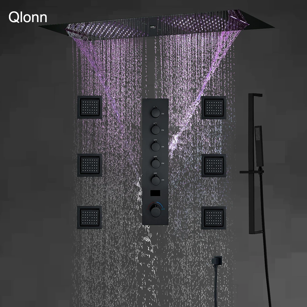 Фото Большая черная Лейка для душа Qlonn 35*12 дюймов, лейка для душа в ванную комнату, горячая и холодная модель, парные эмоциональные привлекательные дождевые насадки для душа в спа-салоне №1