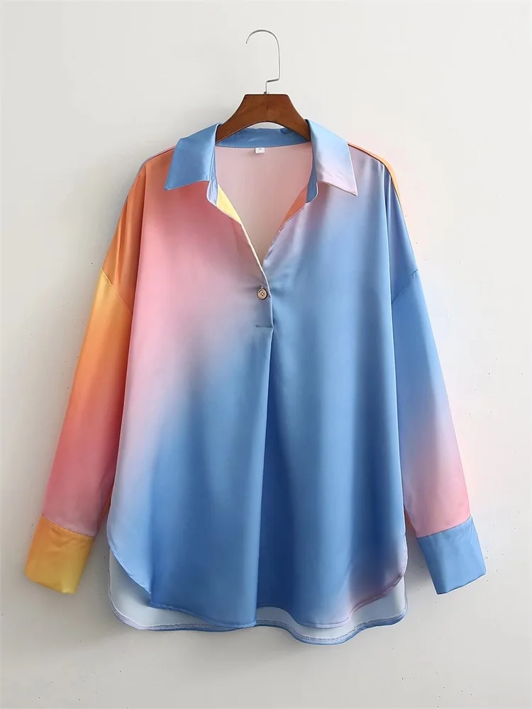 

MESTTRAF Sexy Design 2022 Women Tie-dye Print Loose Blouses Vintage Lapel Long Sleeve Female Shirts Blusas Chic Tops