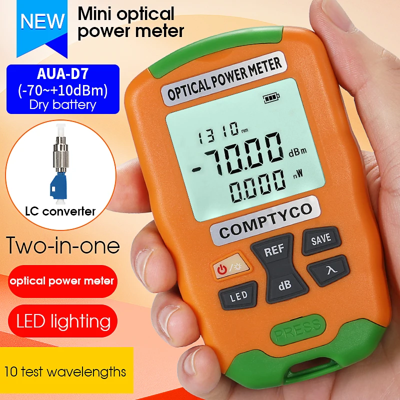 AUA-D7/DC7 Handheld Fiber Mini Optical Power Meter with LED Lighting -70+10dBm Dry Battery or Rechargeable(optional)