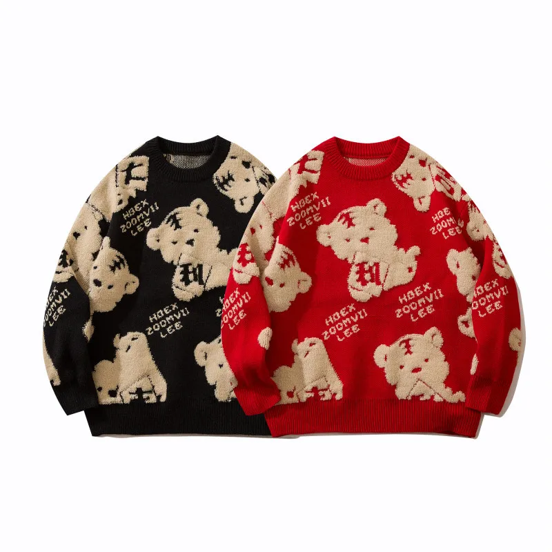 

Men's Sweater Cartoon Tiger Red Sweater Men's Loose Fashion Winter Couple Knitwear Round Neck Top Jersey Pullover Sweater Men