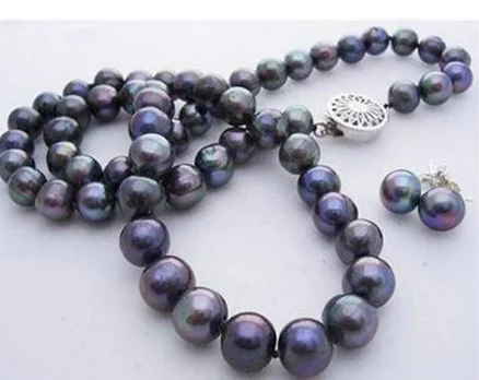 

Long 22" 8-9mm Natural Black Akoya Cultured Pearl Necklace + Earrings Set AA+