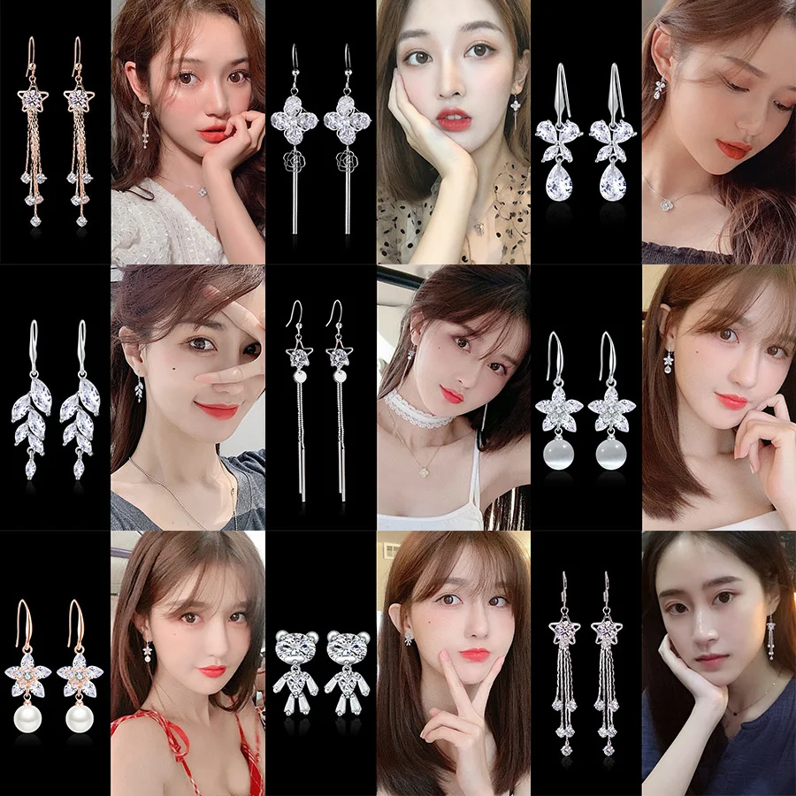 

S Earrings female Korean temperament long simple 925 pure silver tassel anti allergy Earrings crystal personality versatile