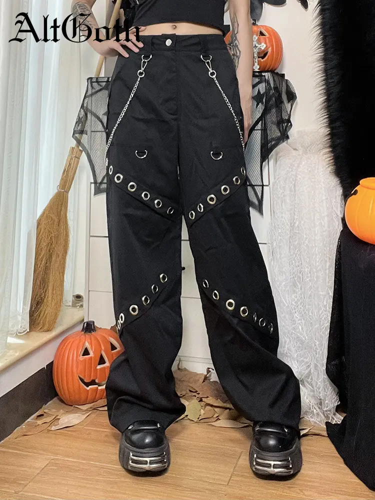 

AltGoth Harajuku Gurnge Casual Pants Women Vintage Streetwear Mall Goth Chain Straight Overalls Aesthteic Fashion Loose Trousers