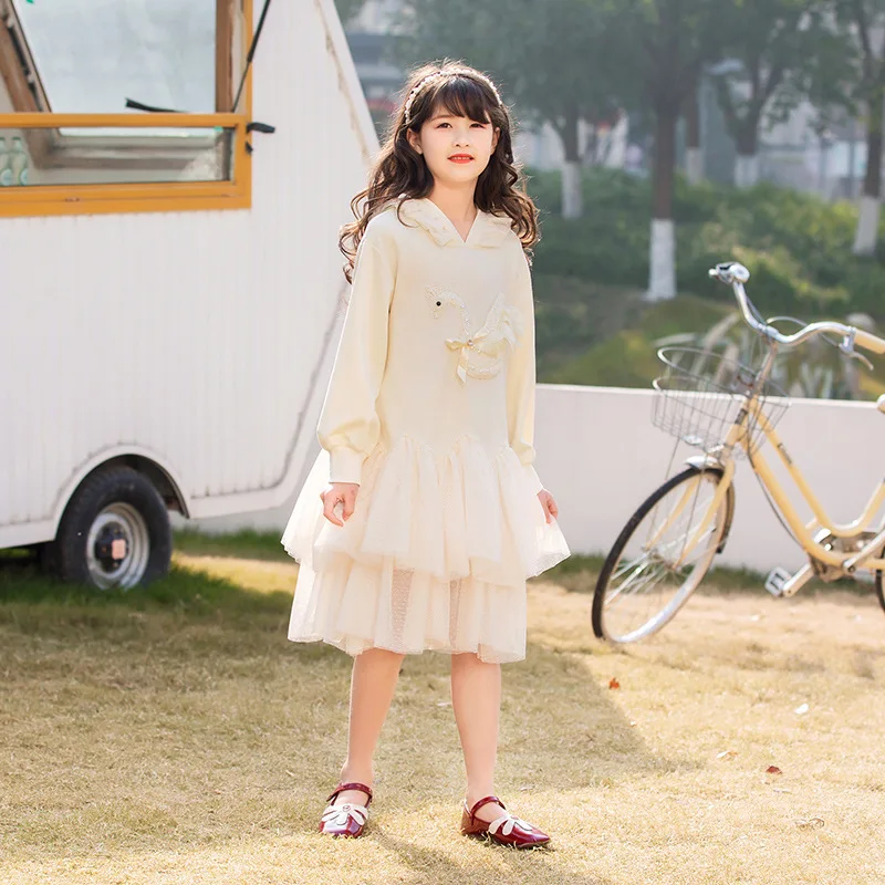 

Платье с капюшоном для девочек 8-10 лет, милые сетчатые Топы с длинным рукавом и лебедем, подростковые наряды в Корейском стиле, весна-осень