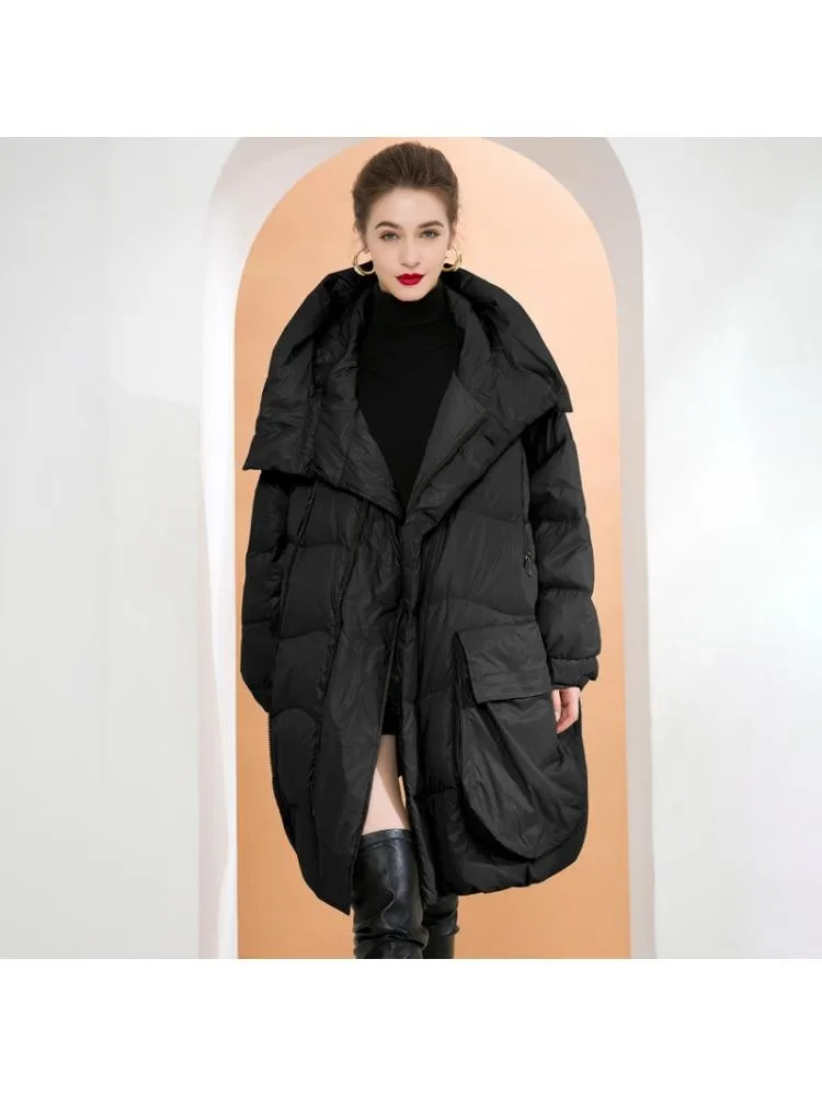 High-End Thicked Black Long Loose 90 White Duck Down Coats Women's Hooded Warmer Bread Clothing Korean Version Jackets