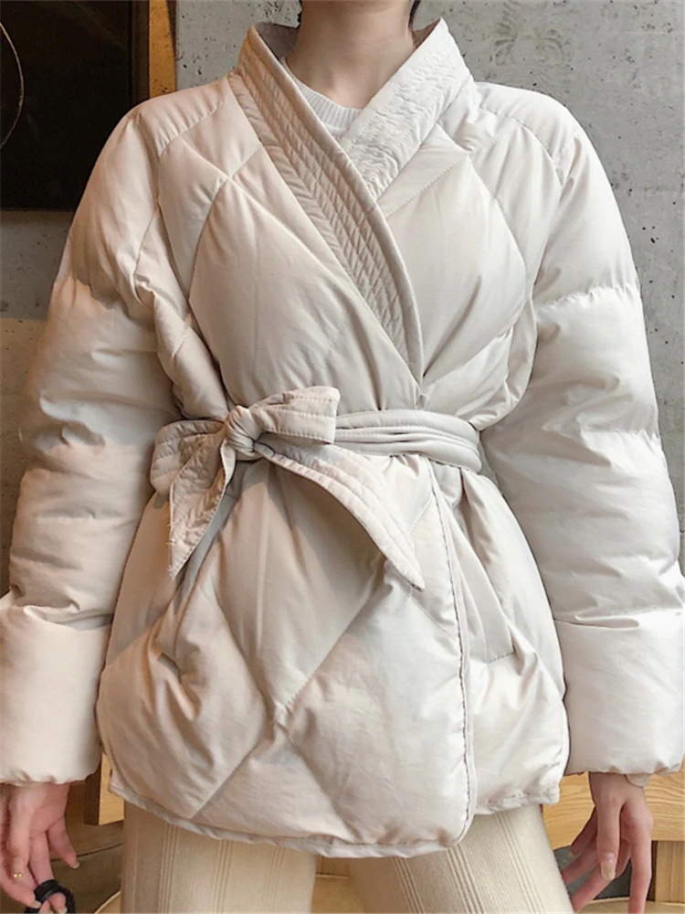 Hzirip New Design Women Winter Solid Sashes Coat Female Thick High Quality Students Outwear Sweet Office Lady Warm Jacket