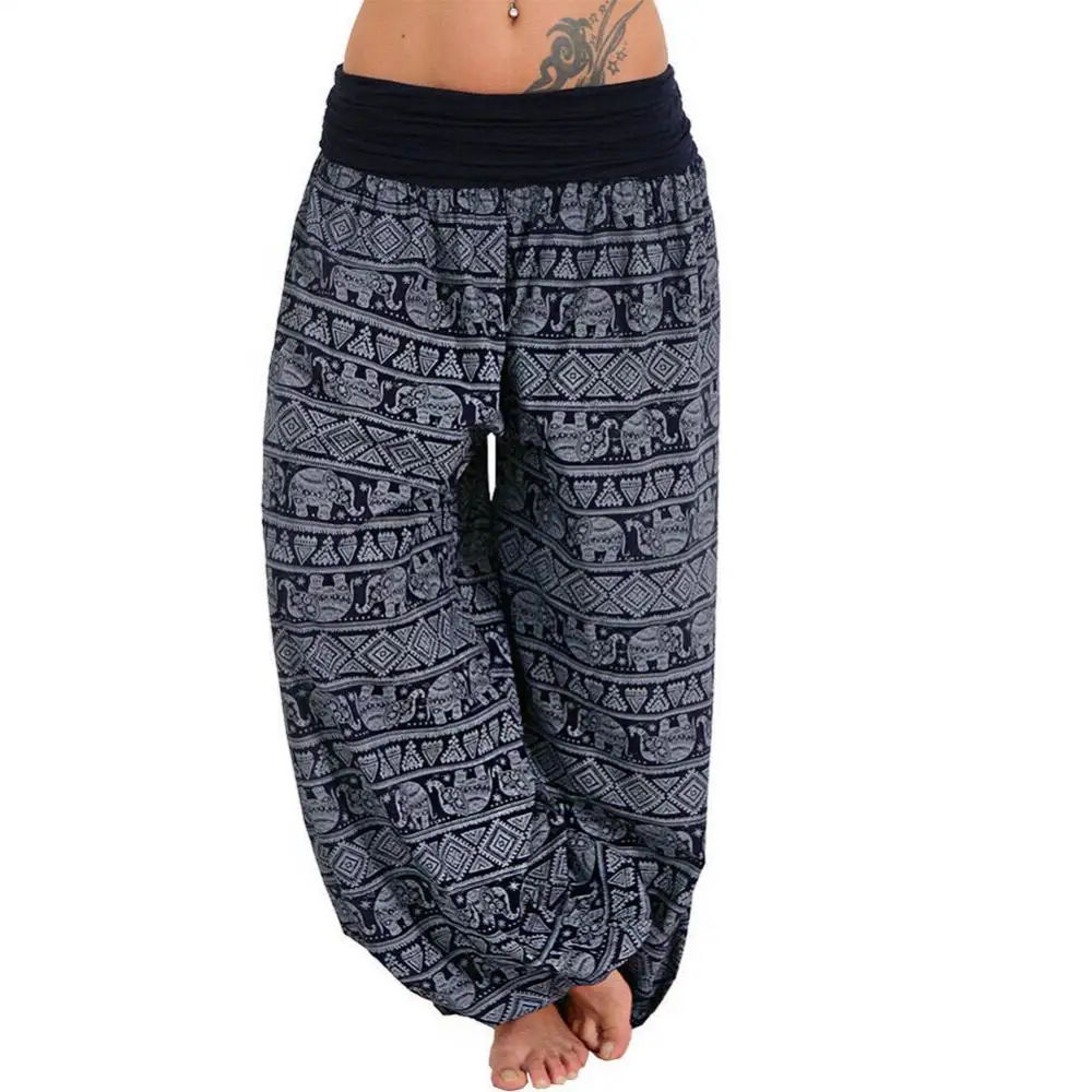 

Casual Women Pants Boho Elephant Print Yoga Low Waist Polyester Long Pants Loose Baggy Bloomer Trousers Streetwear