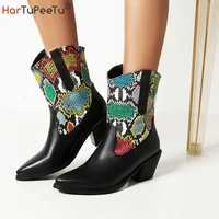 snakeskin print ankle boots women 2022 patchwork western booties fall winter fashion chunky mid heels shoes men plus size 34 48